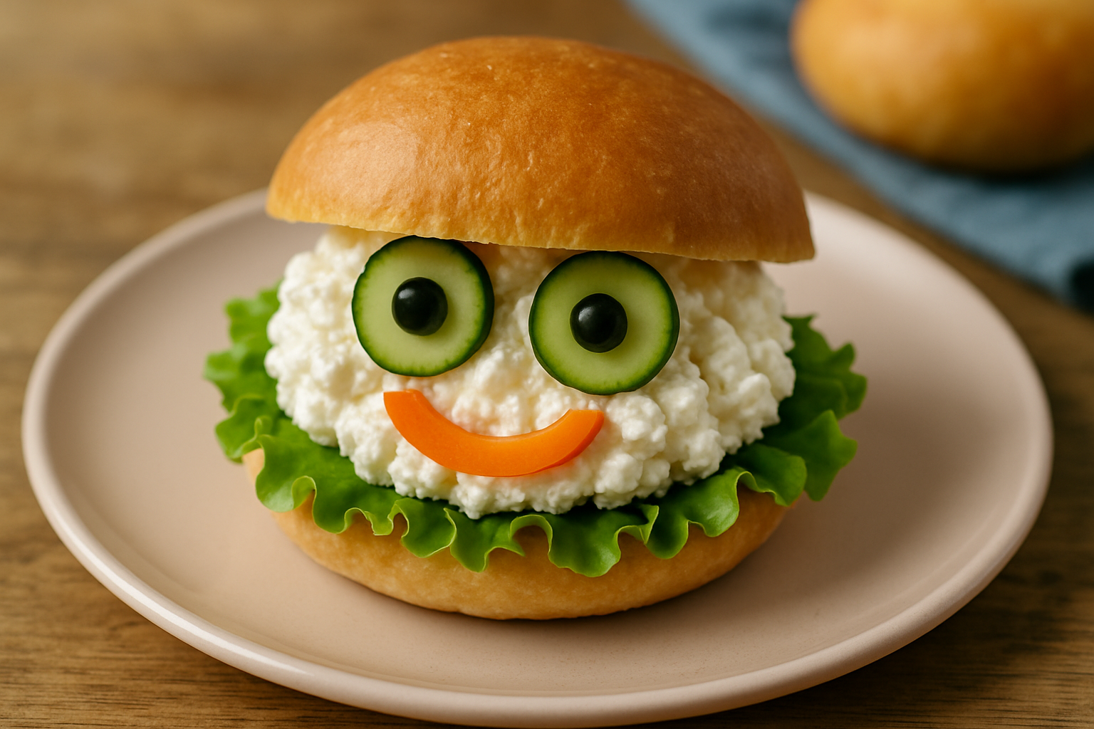 Zabawny burger z serem twarogowym, sałatą, ogórkiem i marchewką, prezentujący uśmiechniętą, przyjazną twarz, na jasnym talerzu. Idealny na zdrowe posiłki dla dzieci.