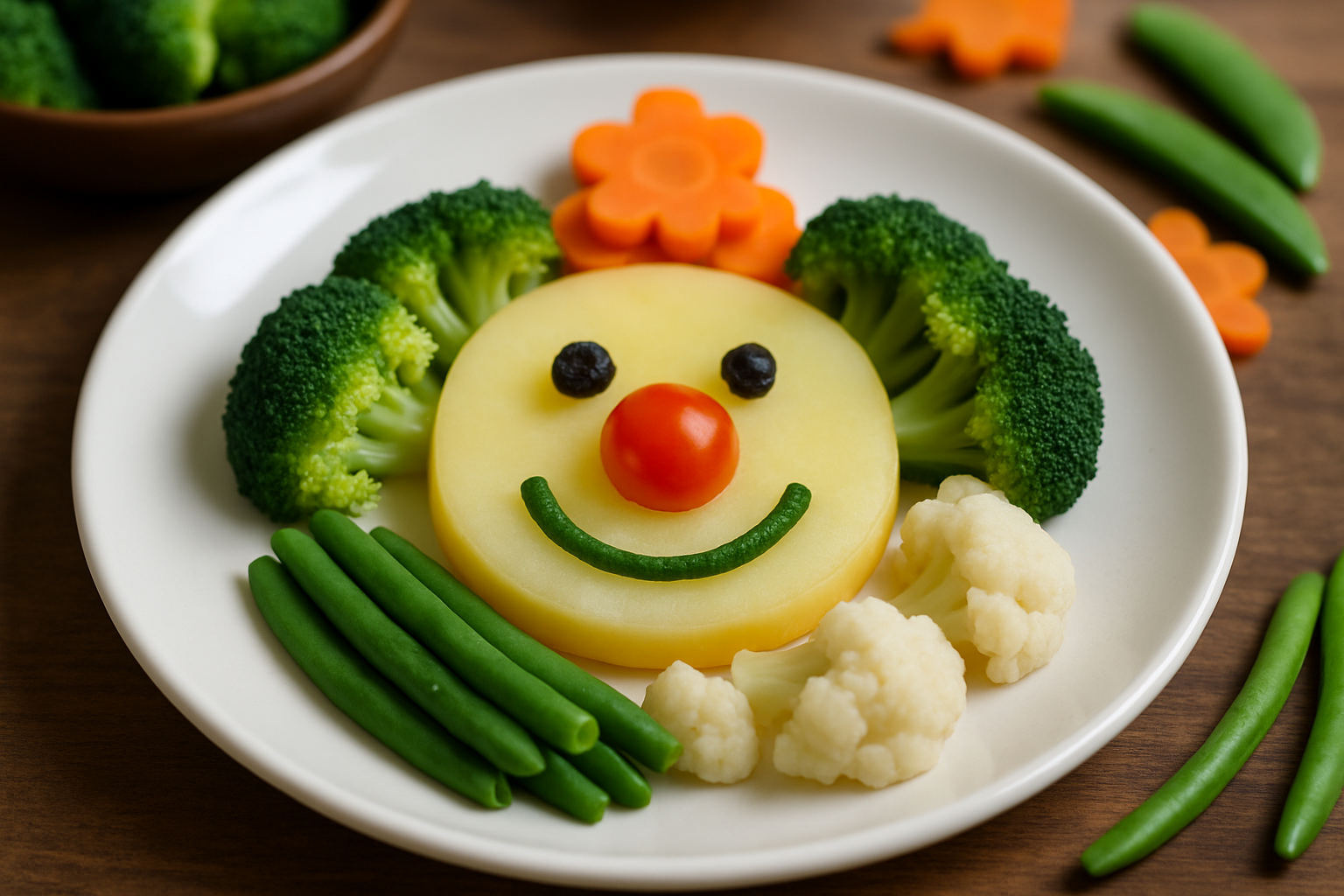 cover-278269 Zdrowy talerz z warzywami ułożonymi w formie uśmiechniętej buzi klauna, z ziemniakiem jako twarzą, brokułami jako włosami, marchewką jako kwiatkiem i zielonymi fasolkami w roli ust.