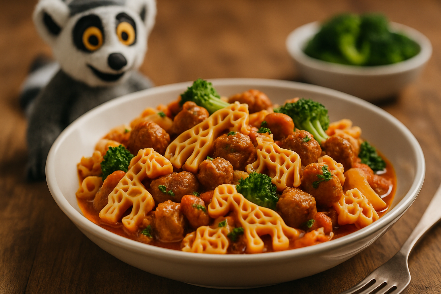 Zdjęcie przedstawia talerz makaronu w kształcie zwierząt, podanego z klopsikami i brokułami w sosie pomidorowym, obok znajduje się pluszowy lemurowy przytulanka.