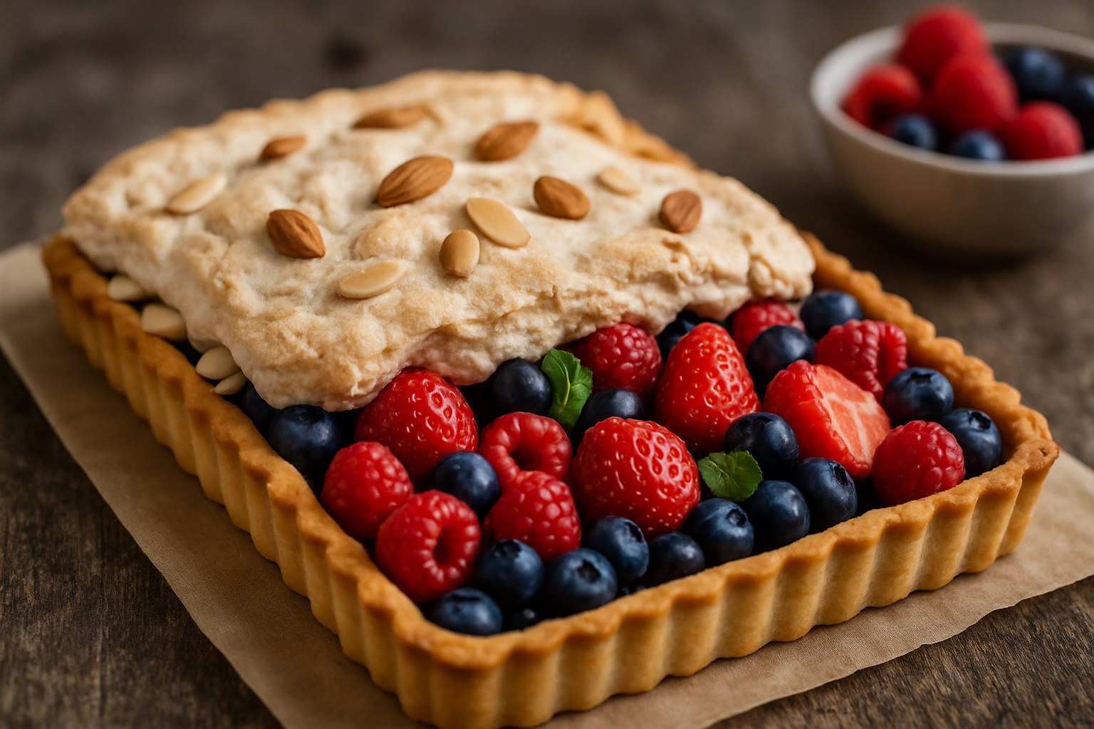 cover-278278 Tarta z owocami leśnymi, na spodzie z kruchego ciasta, pokryta warstwą bezy i posypana migdałami. W tle świeże maliny i borówki.