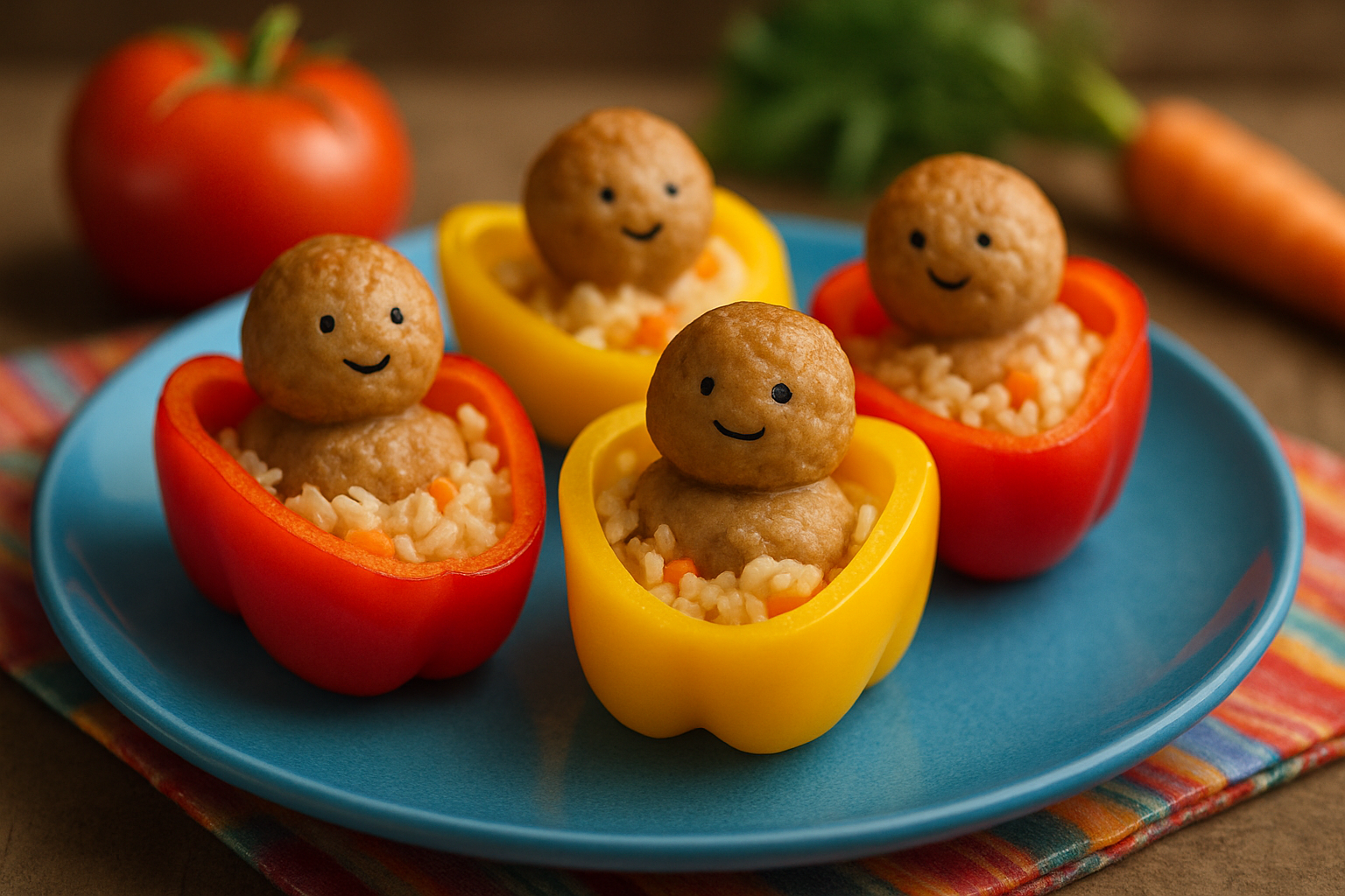 cover-278281 Kolorowe papryki wypełnione ryżem i mięsnymi kulkami z uśmiechami na talerzu, idealne na przyjęcia dla dzieci.