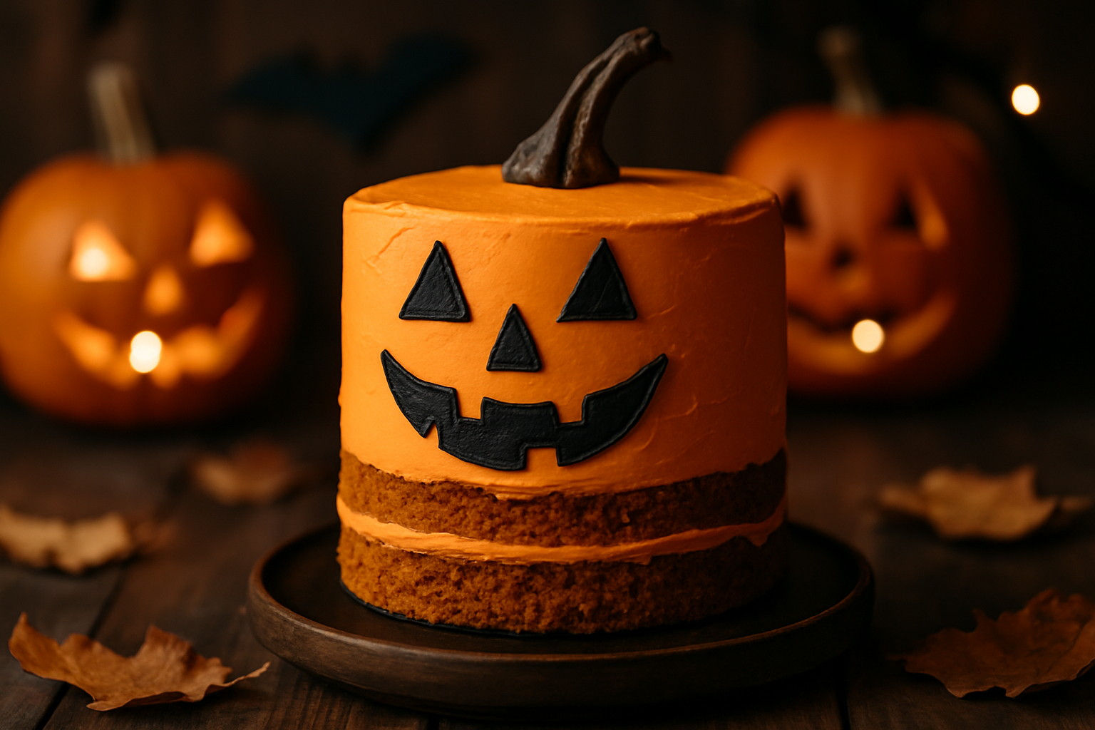 cover-278314 Atrakcyjny tort dyniowy na Halloween z czarnym zdobieniem twarzy, otoczony podświetlonymi lampionami z dyni i opadłymi liśćmi, na drewnianym stole.