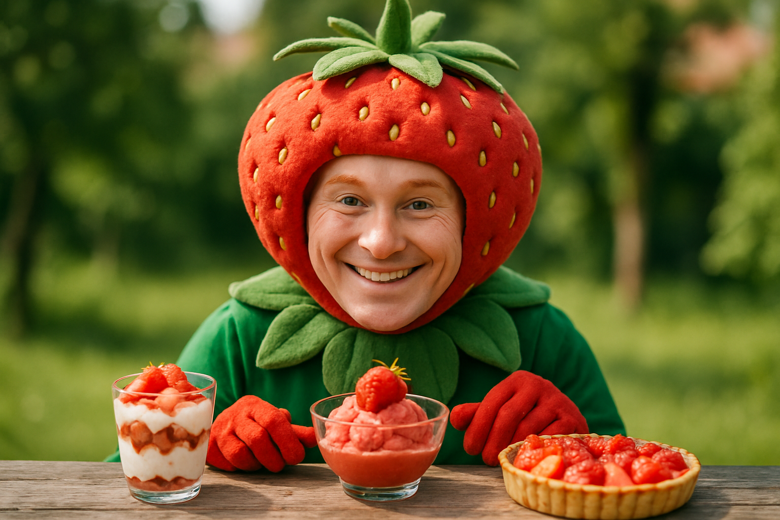 cover-278353 Mężczyzna przebrany za truskawkę uśmiecha się, siedząc przy stole z deserami z truskawek, w otoczeniu zieleni.