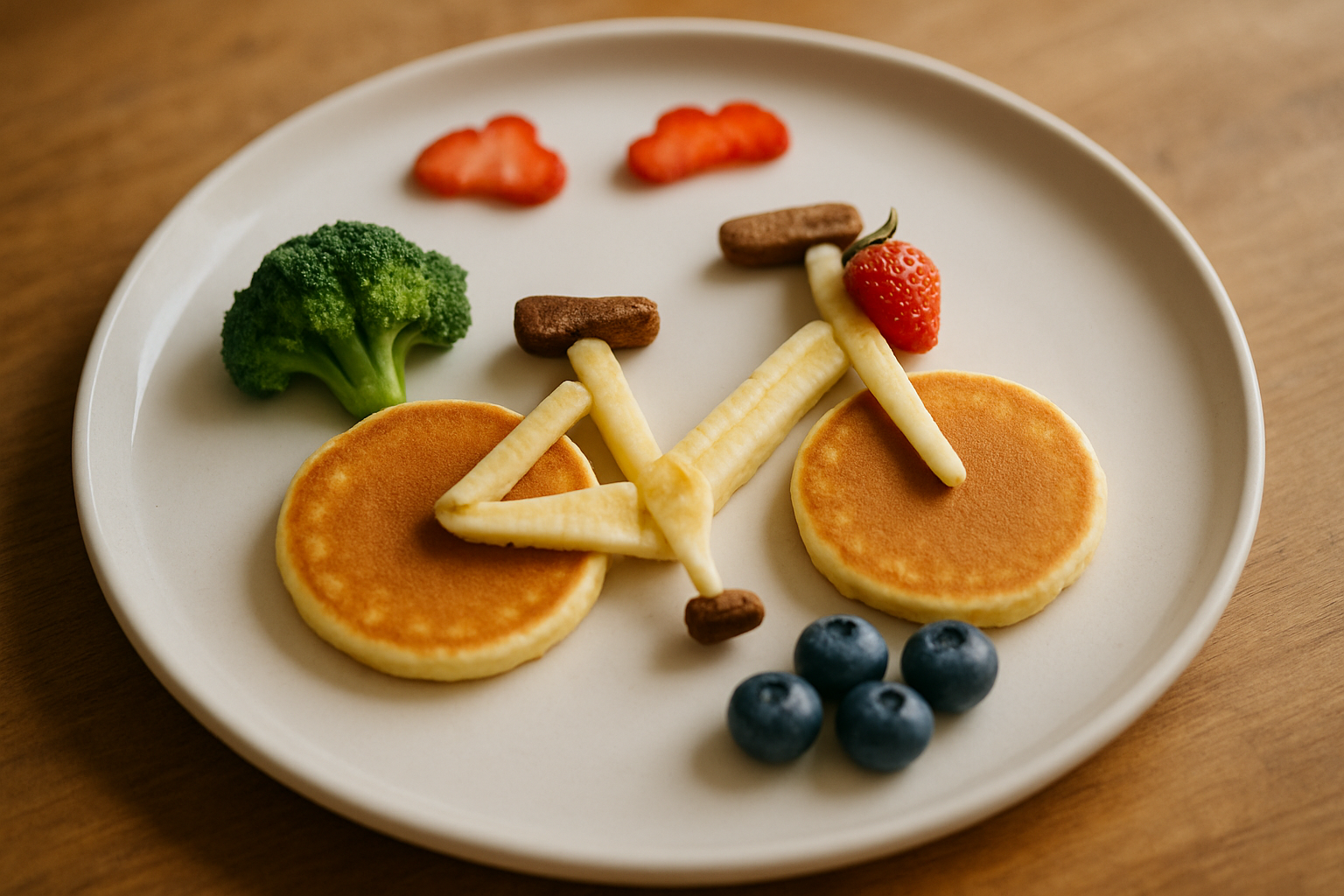 Kolorowy talerz z kreatywnym daniem w kształcie roweru, zrobionym z naleśników, brokułów, owoców (truskawki, borówki) i elementów dekoracyjnych z batonów czekoladowych, idealny do pomysłowego posiłku dla dzieci.