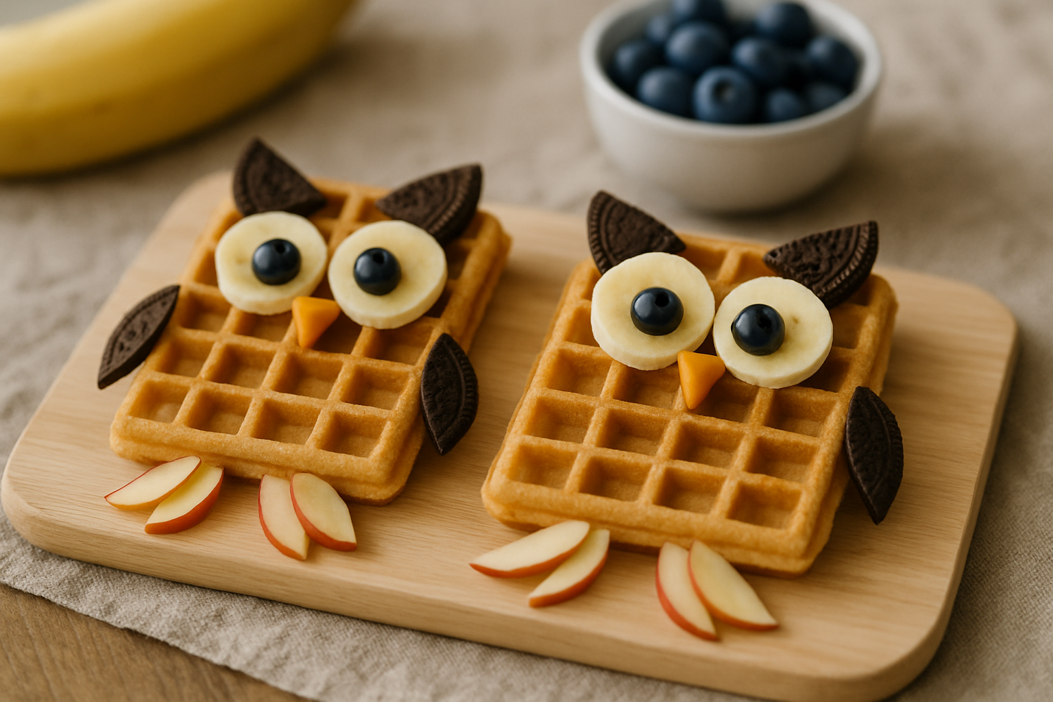 cover-278362 Wafle w kształcie sowy udekorowane bananem, borówkami i ciasteczkami, podane na drewnianej desce z jabłkowymi łapkami.