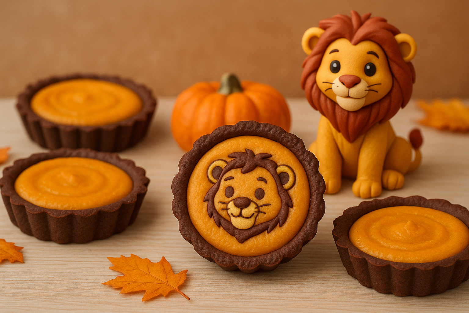 Kolorowe babeczki z dynią z wizerunkiem lwa, obok figurka lwa i miniaturowa dynia, na tle drewnianego blatu. Idealne na jesień i dla dzieci.