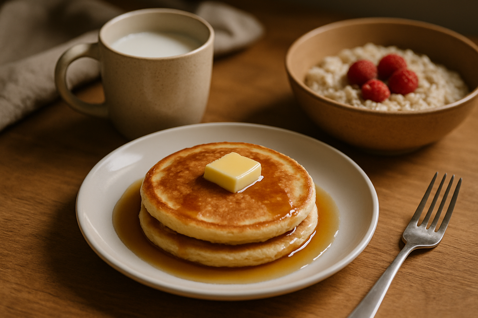 Pyszne naleśniki na talerzu, polane syropem klonowym i z kawałkiem masła, obok filiżanka mleka oraz miska owsianki z malinami. Idealne na śniadanie.