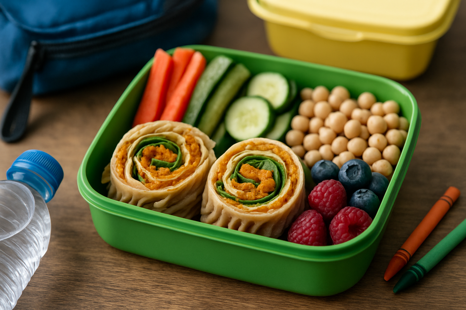 cover-278580 Zdrowe jedzenie w zielonym pojemniku na lunch, zawierające tortille z nadzieniem warzywnym, pokrojone marchewki, ogórki, ciecierzycę oraz owoce: maliny, borówki i jagody. W tle butelka wody i kredki.