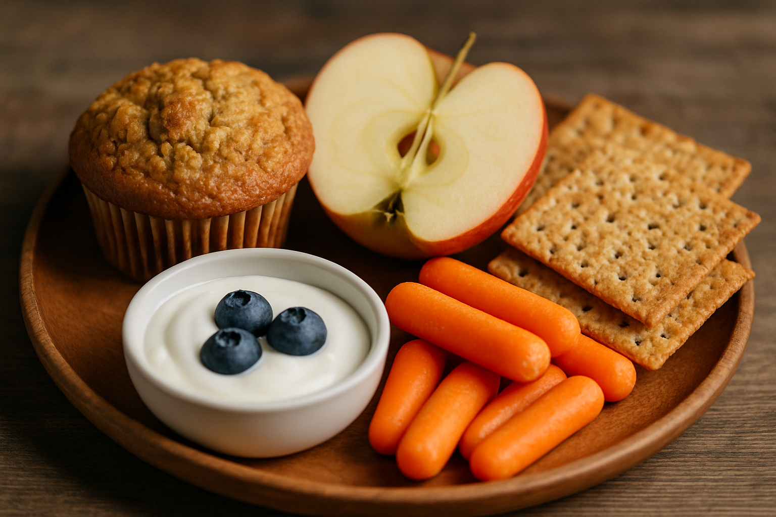 Zdrowa przekąska na talerzu: muffinka owsiana, pół jabłka, jogurt z borówkami, marchewki i krakersy. Idealna propozycja na szybki posiłek lub przekąskę.