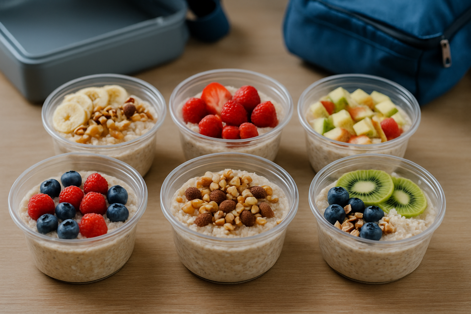 Sześć pojemników z owsianką, każdy z różnymi dodatkami, takimi jak owoce i orzechy, na drewnianym stole, obok niebieska torba.