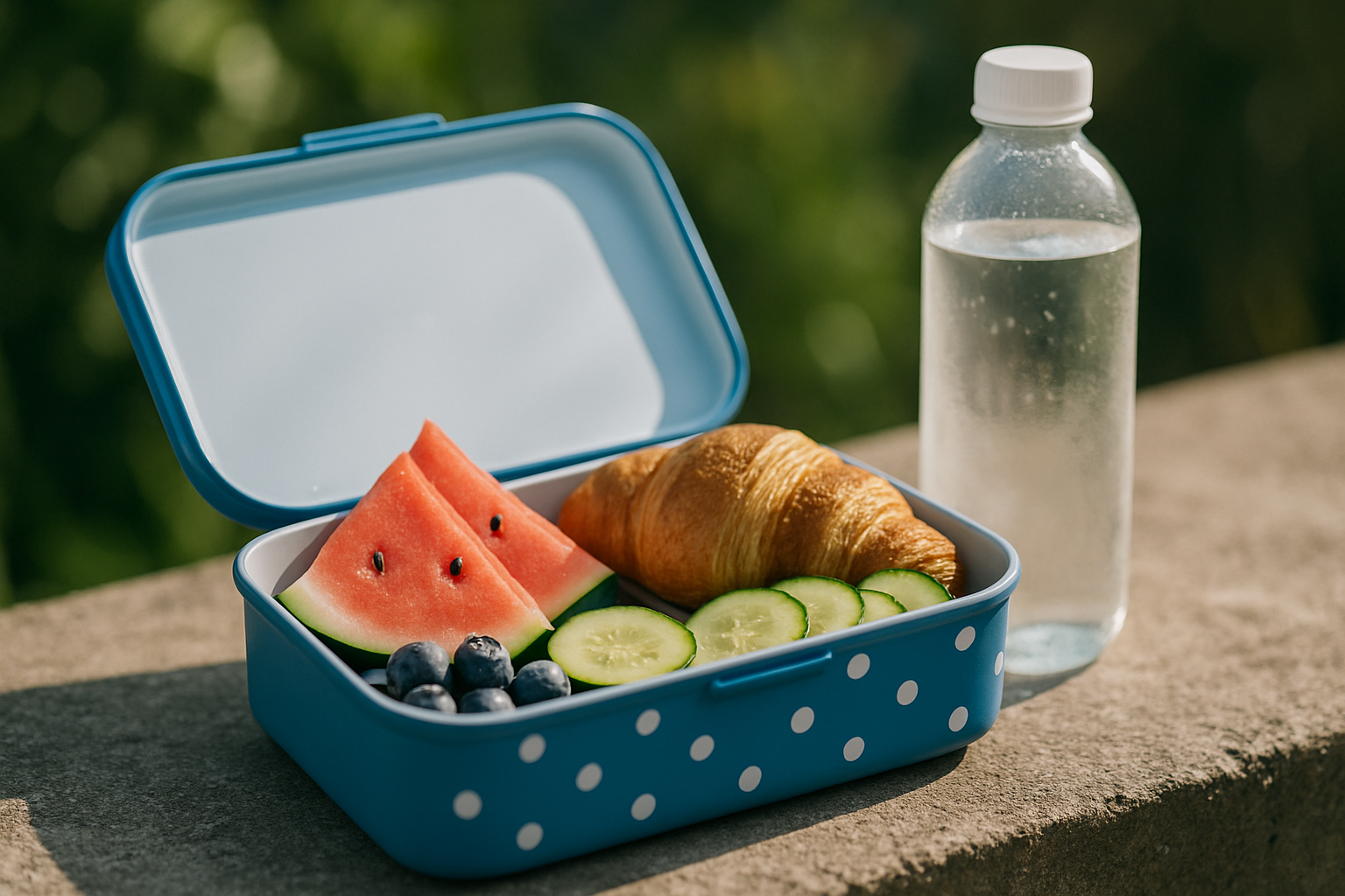 Pojemnik na lunch z owocami, ogórkiem i croissantem, obok butelka wody. Idealne na zdrowy posiłek na świeżym powietrzu.