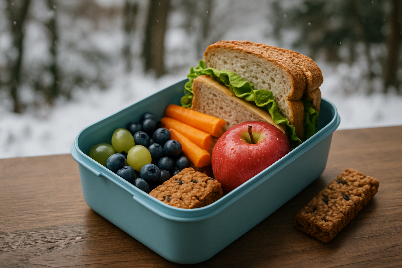 Pudełko z jedzeniem zawierające kanapki z sałatą, marchewkę, winogrona, borówki, jabłko oraz ciasteczko owsiane, na tle zimowego krajobrazu.
