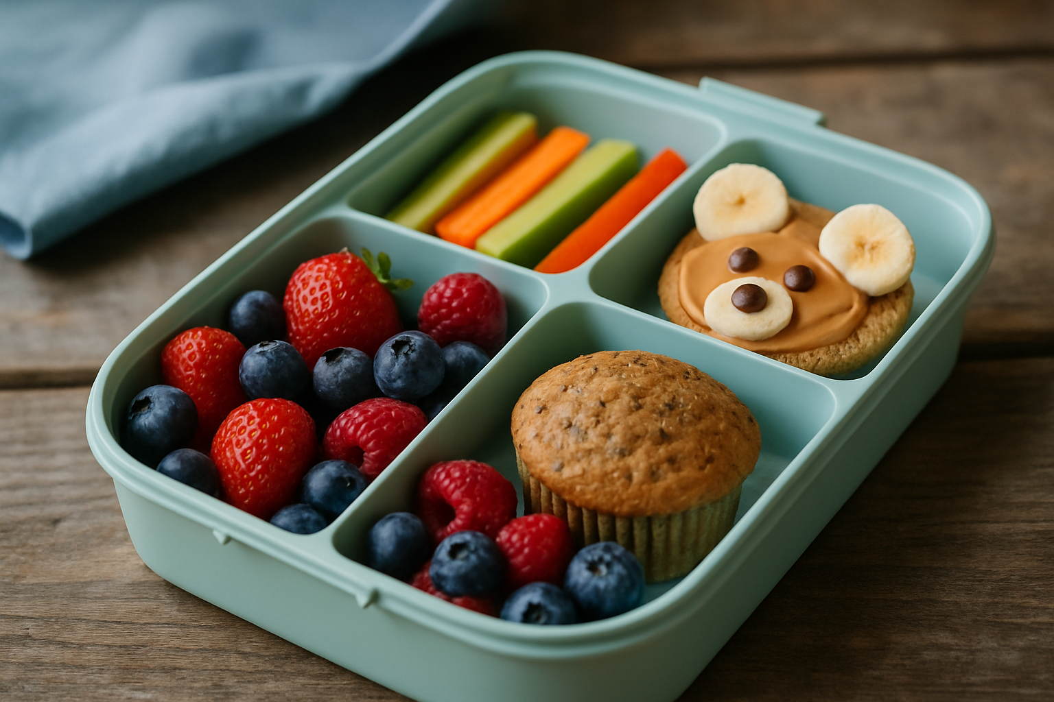 cover-278613 Kolorowy lunchbox z owocami i zdrowymi przekąskami. W jednej części znajdują się truskawki, borówki, maliny oraz muffinka, a w drugiej marchewki i seler. Na górze widoczny jest ciasteczkowy deser w kształcie misia, ozdobiony masłem orzechowym i plasterkami banana.