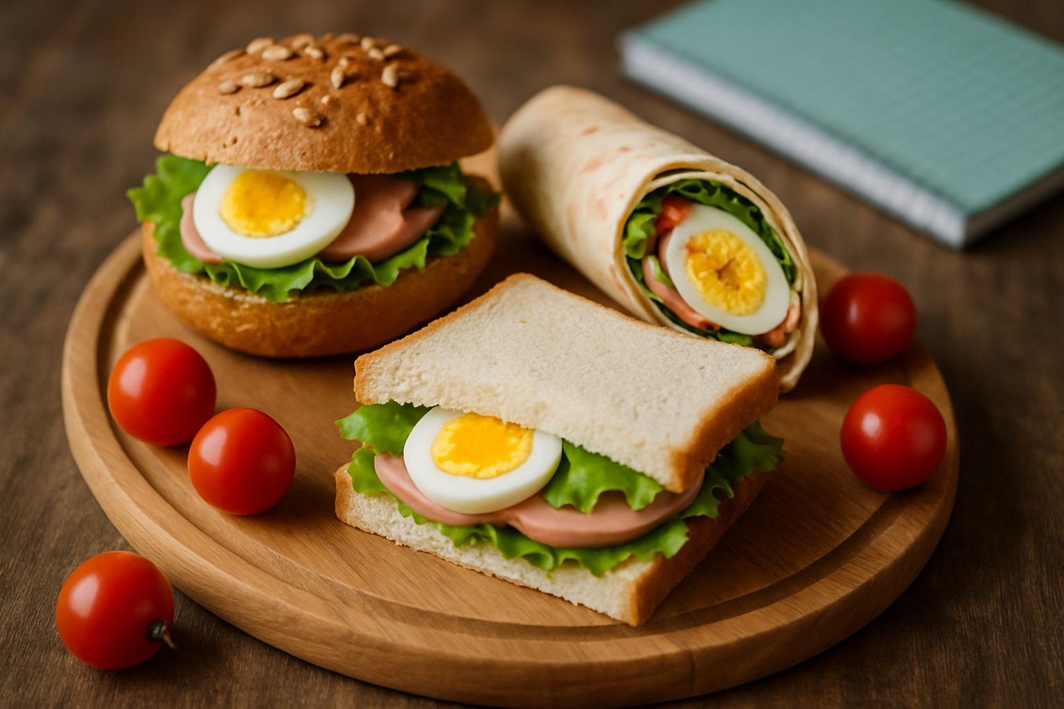 Kanapki z sałatą, serem i jajkiem na twardo, podane na drewnianym talerzu z pomidorkami koktajlowymi, w tle notes.